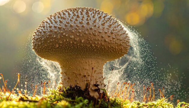 Puffball mushroom in nature's embrace: A close-up view of a unique puffball mushroom, it has a spiky, textured cap. Witness the spore-releasing moment of nature