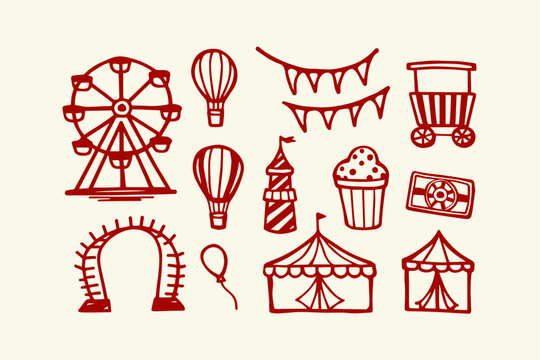 Fairground and carnival elements hand drawn collection with ferris wheel hot air balloon circus tent amusement park theme park carnival games food stall fairground balloons