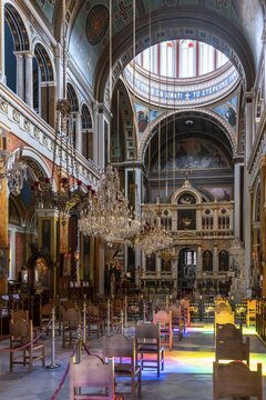 Interior with altar, ornate interior, chandelier, neoclassical Greek Orthodox Church of St. Nicholas, Agios Nikolaos, Ermoupoli, Syros, Cyclades, Greece