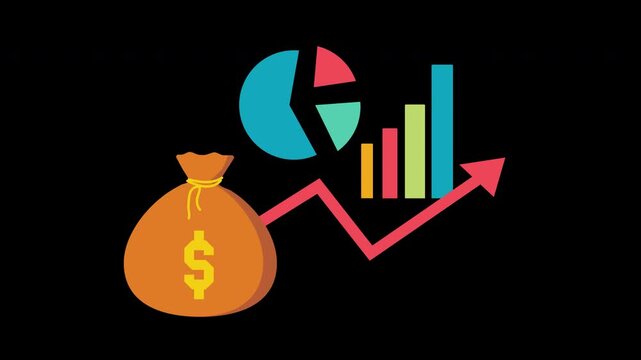 Business Profit Statistics Animation Loop with Money Bag and Analytics Charts with Alpha Channel