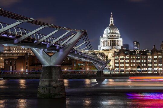 Millennium Bridge and St Paul's Cathedral at night, London, England, United Kingdom