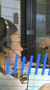 Vertical video: Incoming call displaying metrics while service agent typing, speaking into headset