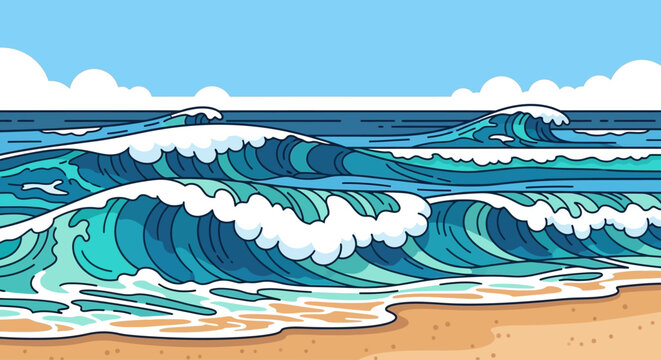 Waves on sandy beach shore line.