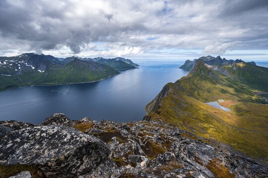 Mountain panorama, fjord and mountains, in the back mountain Segla, view from mountain Barden, Senja, Norway