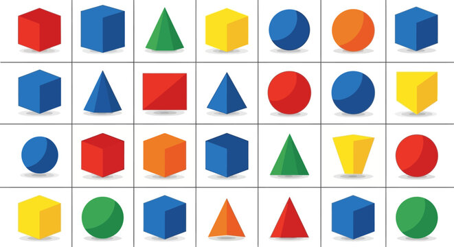 Colorful 3D geometric shapes collection.