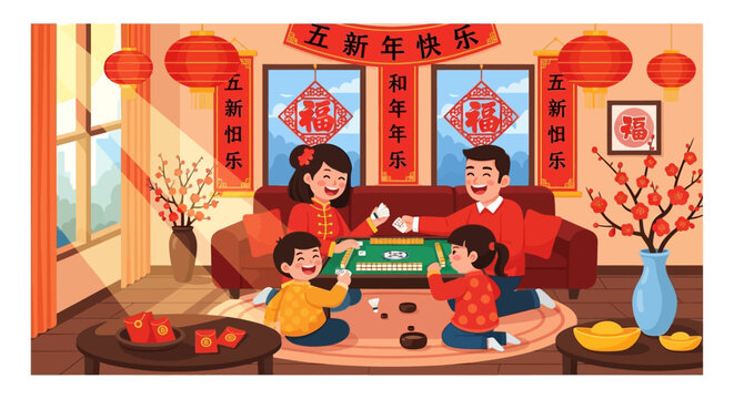 Family playing mahjong on floor together.