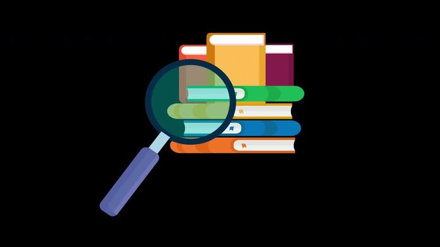 Magnifying Glass Over Books Knowledge Research Animation Loop with Alpha Channel