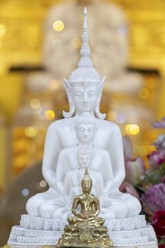 Golden Buddha (Dhyana-mudra: gesture of meditation), behind him five seated Buddhas (path to enlightenment), Buddhist temple complex Wat Phra That Sorn Kaew, Phetchabun province, Isan, Thailand