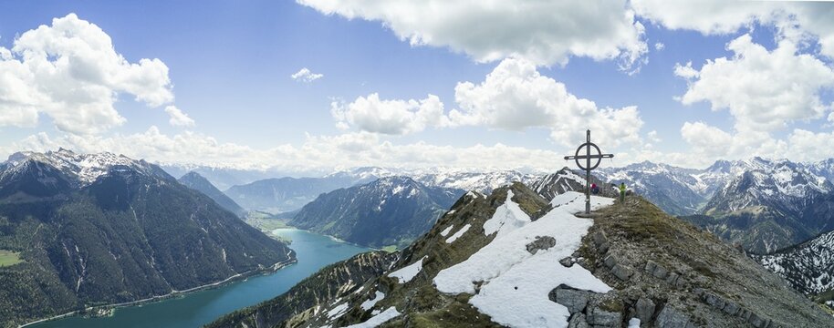 View of Achensee and Seekarspitze with summit cross, aerial view, Alps panorama, Tyrol, Austria