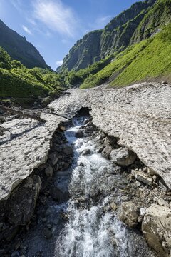 Sperrbach, Sperrbachtobel, mountain stream under a snow cover, old snow, river in a valley, Heilbronner Weg, Allg&auml;u Alps, Oberstdorf