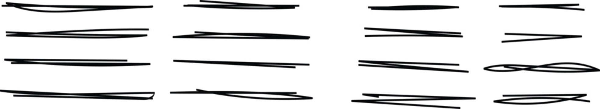 Black paint wavy and straight brush strokes vector collection. Collection of doodle marker strips. Doodle underline text. Scribble doodle underlines set. Rough brush stripe and strikethrough design. V