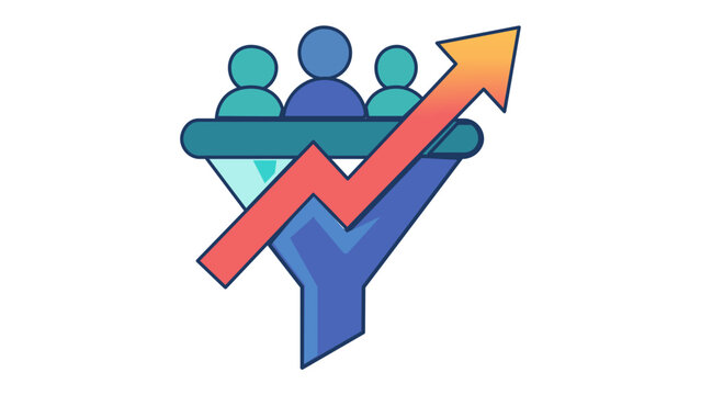 Flat minimalist vector icon illustration of a B2B sales funnel with customer avatars and a rising growth arrow, symbolizing lead conversion, business development, and marketing success.