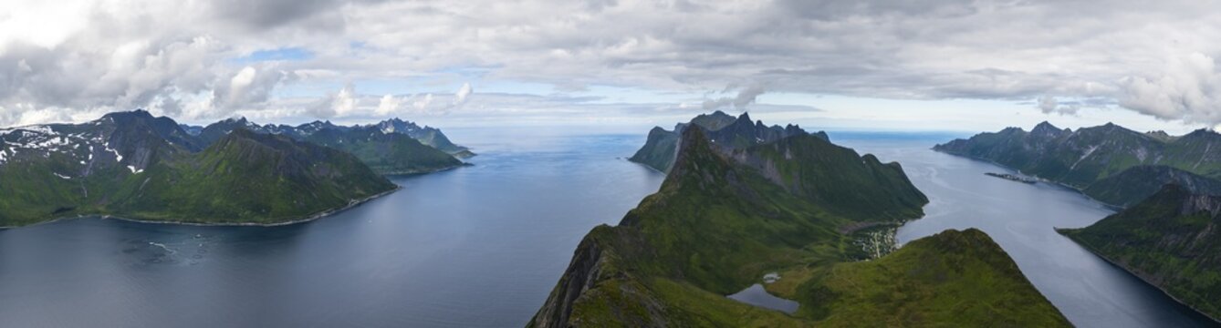 Mountain panorama, fjord and mountains, view from mountain Barden with mountain Breidtind, Senja, Norway