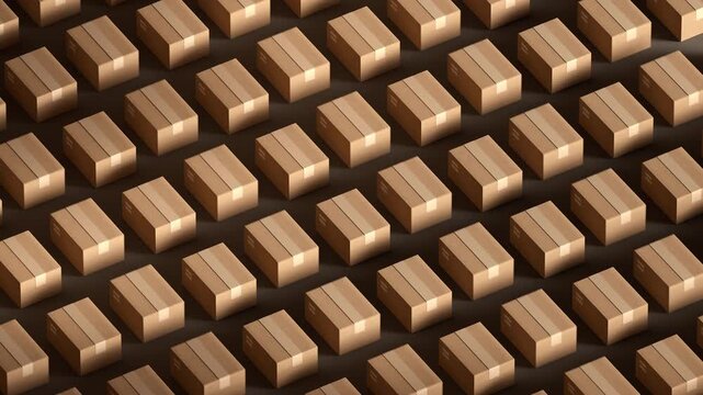 Cardboard Shipping Boxes in isometric view, representing e-commerce, packaging, delivery logistics, and warehouse distribution. 3D render seamless loop animation