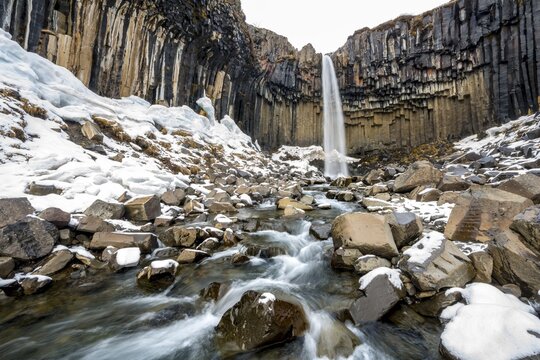 Svartifoss Waterfall, Black Falls, River St&oacute;ril&aelig;kur, basalt columns, Skaftafell National Park, Southern Region, Iceland