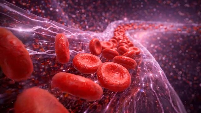 Blood flow 3d red blood cell artery vessel plasma circulation bloodstream inside anatomy medical background, closeup illustration with oxygen transport capillary vein for cardiovascular health