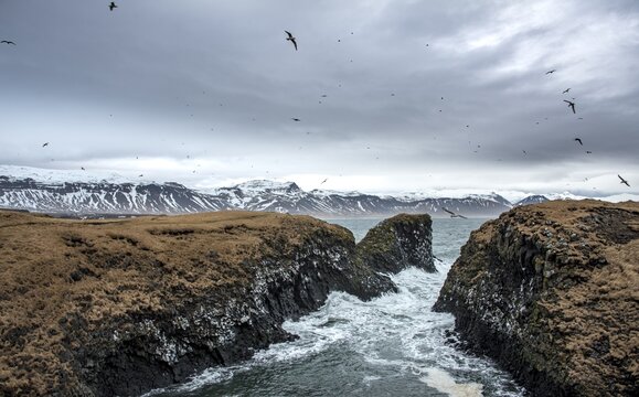 Heavy sea at the coast in a small bay, Arnarstapi, West Iceland, Iceland