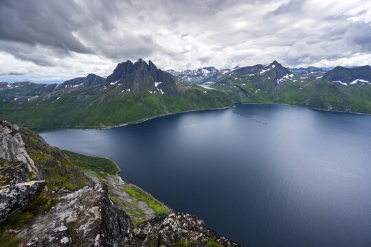 Fjord and mountains, view from Mount Barden with Mount Breidtind, Senja, Norway