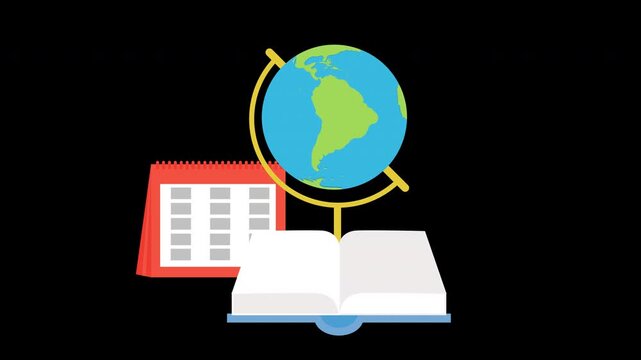 Globe Calendar and Open Book Global Education Animation Loop with Alpha Channel