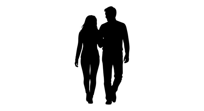 Silhouette of a couple, a man and a woman, walking arm in arm against a white background.