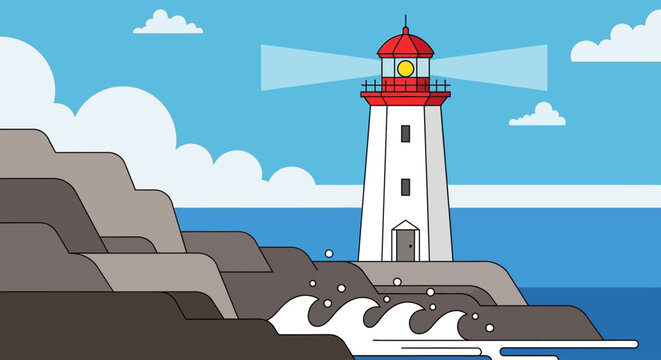 Lighthouse on rocky coastal shore.