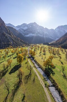 Karwendel, aerial view, Gro&szlig;er Ahornboden in autumn, yellow sycamore, Ri&szlig;tal in der Eng, Tyrol, Austria