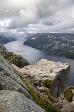 Rock plateau, rock pulpit Preikestolen, Lysefjord, Ryfylke, Rogaland, Norway