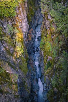 Stevens Canyon, wild river flows through deep gorge, Mount Rainier National Park, Washington, USA