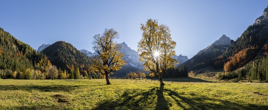 Panorama, sun star, Spitzkarspitze and Gro&szlig;er Ahornboden in autumn, yellow sycamore maple, Ri&szlig;tal in der Eng, Tyrol, Austria