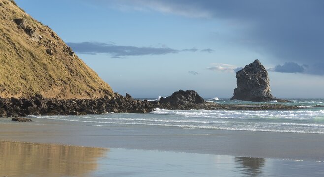 Sandy beach with rocks in the sea, Sandfly Bay, Otago, New Zealand