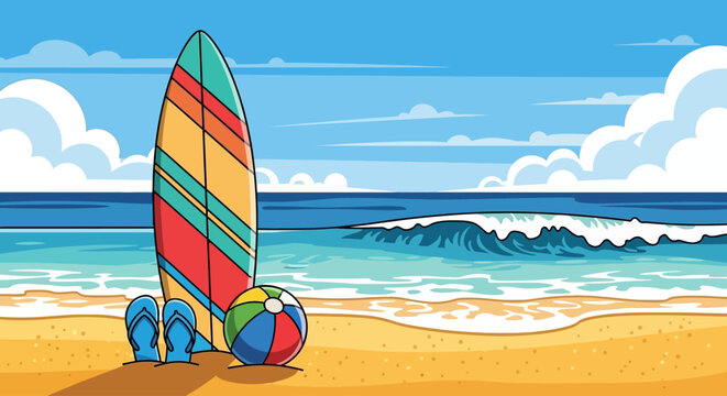 Colorful surfboard on the beach sand.