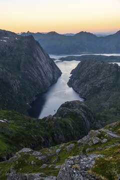 Evening mood, mountains and sea, sunset gag at the fjord Trollfjord and Raftsund, Lofoten, Nordland, Norway