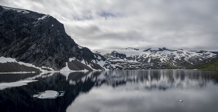 Snow and ice floating on lake Djupvatnet, M&oslash;re og Romsdal, Norway