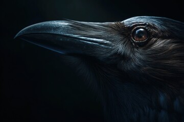 Naklejka premium Crow side profile close-up with detailed feathers and dark minimal background