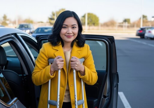 Woman with crutches stepping out of a car in a parking lot smiling