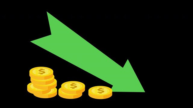 Falling Arrow and Coin Stack Financial Decline Animation Loop with Alpha Channel