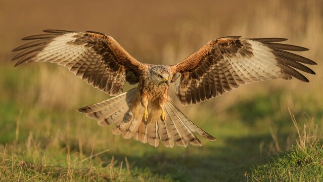 Red kite (Milvus milvus), flying over a meadow in first light, Extremadura, Spain