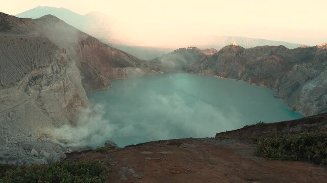 Toxic gas at the sulphur mines in the crater of the volcano of Kawah Ijen. East Java Island, Indonesia
