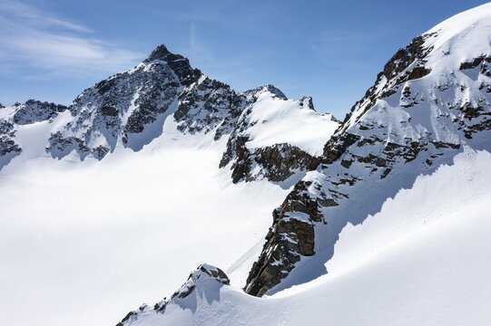 Schrandele and Wildgradspitze, high mountains with glacier Lisener Ferner, mountains in winter, aerial view, Stubai Alps, Tyrol, Austria