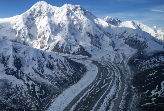 Mt Denali or Mount McKinley with East Fork Kahiltna Glacier, aerial view, Alaska Range, Denali National Park, Alaska, USA