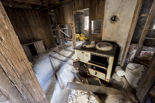 Old house, farm, room with oven and rubble, dilapidated and dilapidated, Iceland