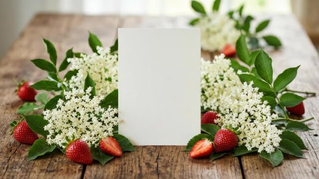 a graphic commercial composition featuring the blank menu card prominently placed in the center of the frame, surrounded by fresh elderflower blossoms and ripe