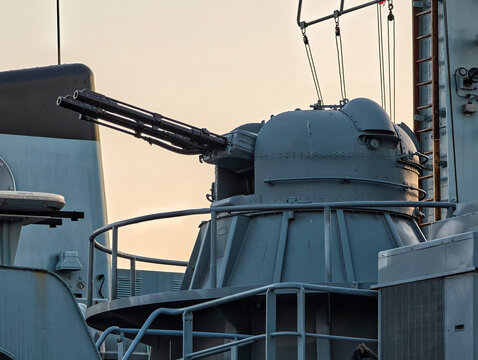 Naval Warship Anti-Aircraft Gun Turret on Military Vessel Deck, Defense Artillery Close-Up