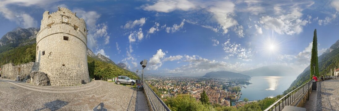 360&deg; panoramic view on the Bastione antico with Torre di guardia del 500, Riva del Garda, Lake Garda North, Trento, Trentino-Alto Adige, Italy