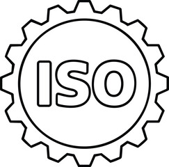 Obraz premium Black and white ISO gear badge icon with bold letters inside circular cog outline, minimalistic design symbolizing international standards, certification, engineering, and quality control