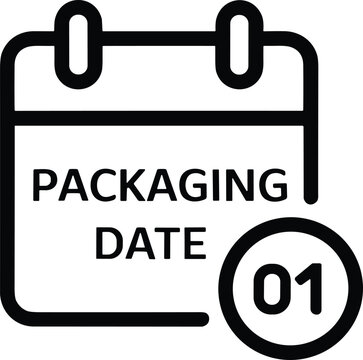 Black and white packaging date calendar icon with rings, circular marker, and bold text design symbolizing product labeling, freshness tracking, and manufacturing details