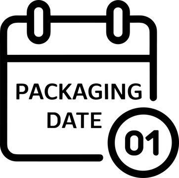 Black and white packaging date calendar icon with rings, circular marker, and bold text design symbolizing product labeling, freshness tracking, and manufacturing details