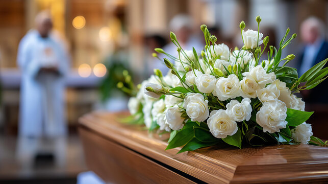 Coffin with white flowers in a chapel during a funeral service with a priest and mourners, grief and remembrance concept, memorial ceremony photography, defocused background, with copy space