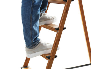 Man climbing ladder on white background, closeup © New Africa