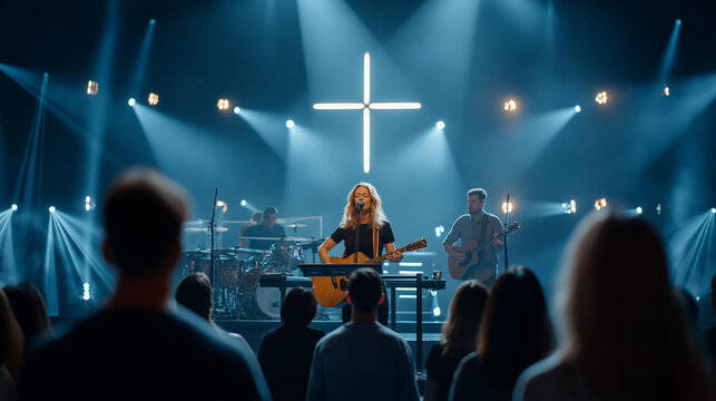 Wide stage shot with a large cross and a live worship band performing to a seated audience, modern church concert concept, faith music event photography, with copy space